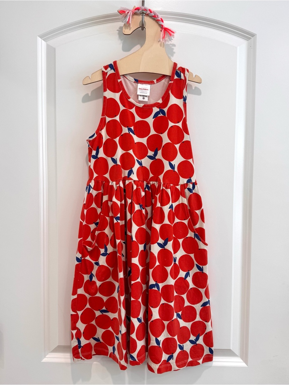 Hanna Andersson Red Orange Fruit Print dress with Navy Leaf Details and pockets